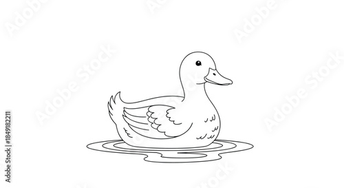 Simple and charming black and white line art of a duck floating peacefully in the water, perfect for a children's coloring book.