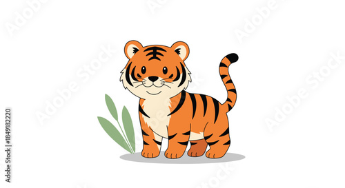 Cute cartoon illustration of a happy baby tiger standing next to some green leaves, isolated on a clean white background.