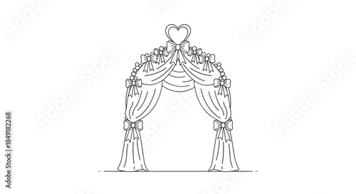 Elegant black and white line drawing of a wedding arch decorated with draped fabric, bows, and a heart on top for coloring.