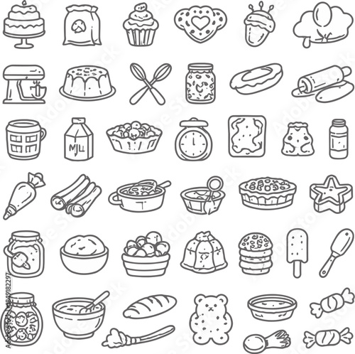 Black and white line art icons representing various sugar products sweets and baking ingredients collection