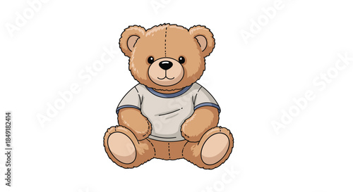 A sweet and classic illustration of a brown teddy bear soft toy wearing a simple t-shirt, sitting on a white background.