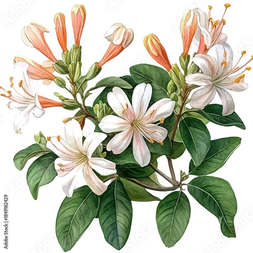 Honeysuckle Flower, graceful vector watercolor painting with soft flowing strokes and subtle highlights, isolated on a white background.