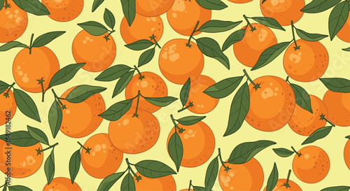 Vibrant seamless pattern of fresh oranges and green leaves scattered across a light yellow background, perfect for summer designs.