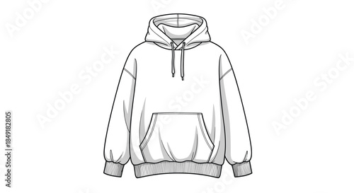 A detailed technical flat sketch of an oversized hoodie sweatshirt with a front pocket and drawstrings, shown in a black line art style.