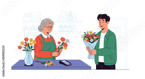 Young man happily receives a beautiful bouquet of colorful flowers from a smiling elderly female florist over the counter in her shop.