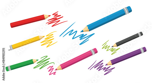 Set of seven vibrant colored pencils with corresponding scribbles demonstrating their colors for art and school supply concepts.
