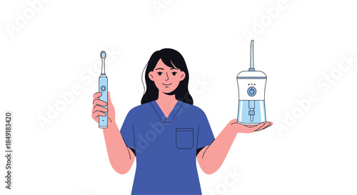 Female dentist character in blue scrubs smiling and presenting an electric toothbrush and a water flosser for oral hygiene.