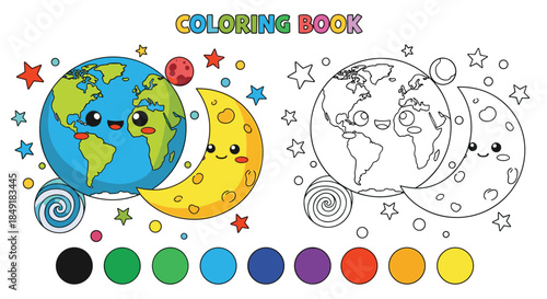 Children's coloring book page with a cute cartoon Earth and Moon friends in space alongside a finished color example for kids.