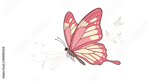 Beautiful pink butterfly with elegant patterned wings is shown in flight with delicate decorative swirls trailing behind it.