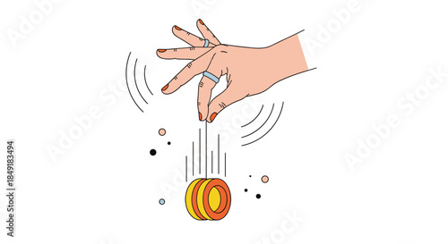 Stylized illustration of a hand with painted nails and rings dropping a classic yo-yo toy creating motion lines and sound waves.