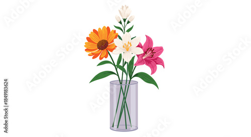 Beautiful bouquet of various colorful spring and summer flowers including lilies and daisies arranged in a clear glass vase.