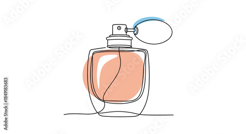 A classic perfume bottle with an atomizer bulb drawn in a continuous single line style with abstract color shapes for beauty.