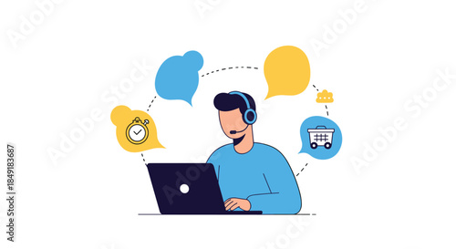 Male customer service agent with a headset working on a laptop providing online support with communication and shopping icons.