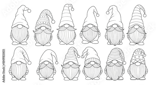 A large collection of cute Christmas gnomes with long beards and festive hats, drawn in a detailed black and white line art style.