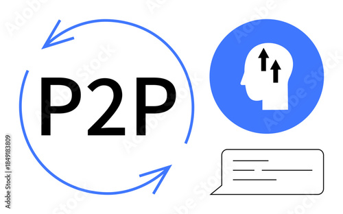 Peer-to-peer communication. P2P concept illustrated with arrows, dialogue symbol, and human head involvement. Peer-to-peer networks for collaboration, mindset growth, and data exchange