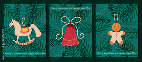 Green Merry Christmas card set with horse, bell, gingerbread man and winter elements, fir tree, holiday ornaments. Layout for New Year postcard, posters, flyers