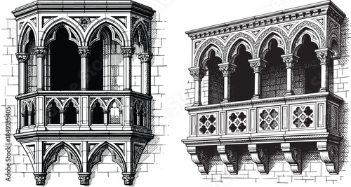 Gothic Arched Loggia Balcony Architecture Etching Engraving Style Vector Icon Set Isolated Historic Facade Illustration