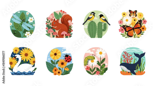 Cute Nature Animals and Insects Vector Illustration Set Round Badges featuring Squirrel Whale Butterfly and Birds