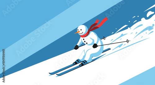 A happy cartoon snowman wearing a red scarf skiing quickly down a snowy mountain slope during the winter holidays season.