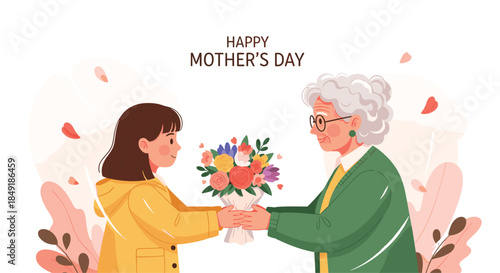 A young girl giving a beautiful bouquet of flowers to her elderly grandmother to celebrate a happy Mother's Day together.
