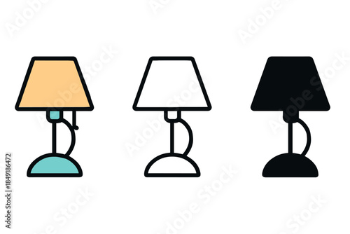 Set of three desk lamps in different styles: color, outline, and silhouette