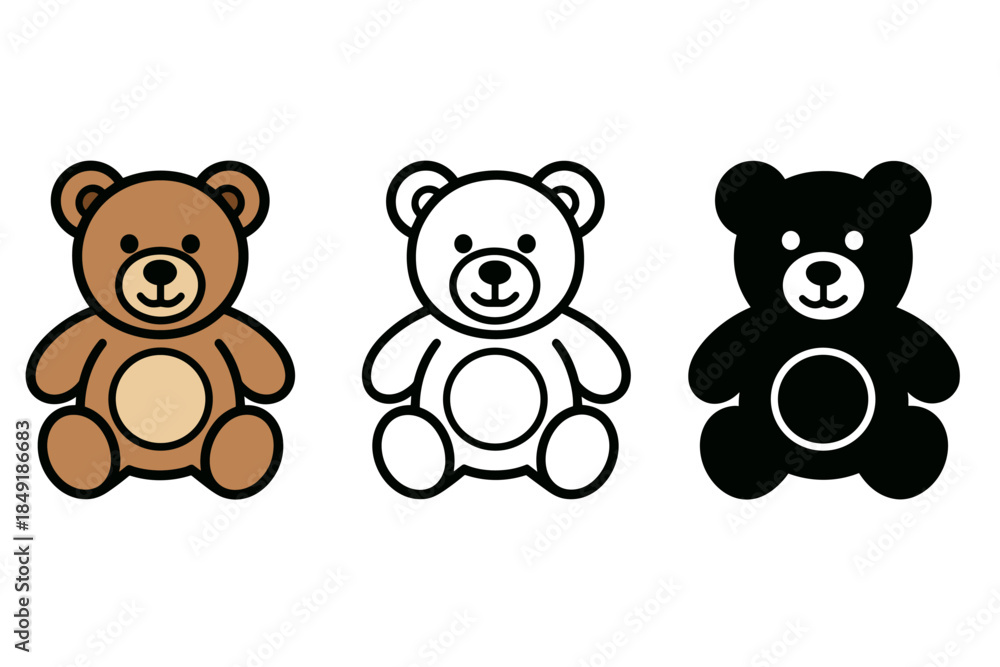 Obraz premium Three teddy bear icons in different styles: color, outline, and silhouette