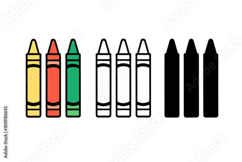 Set of crayons in different styles: colored, outline, and silhouette