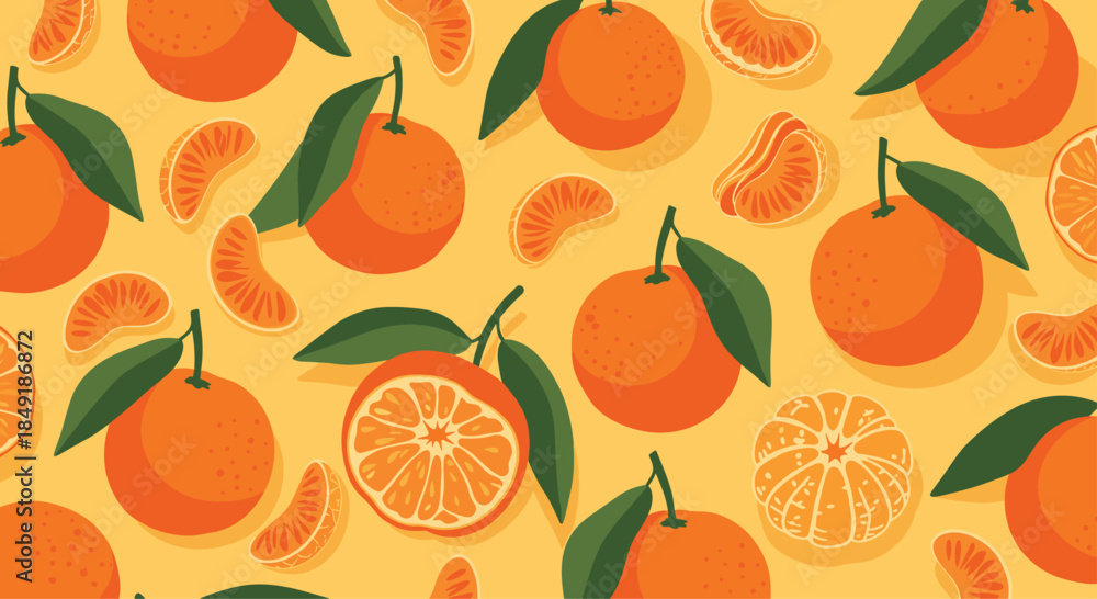 Obraz premium A vibrant seamless pattern of fresh tangerines and citrus slices with green leaves on a warm yellow background for food.