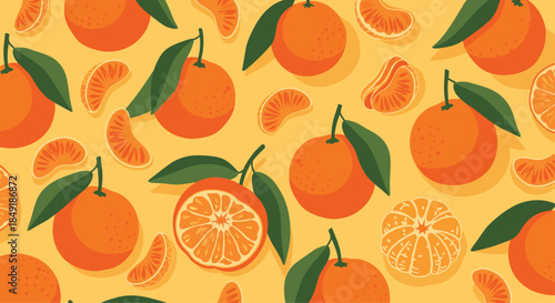 A vibrant seamless pattern of fresh tangerines and citrus slices with green leaves on a warm yellow background for food.