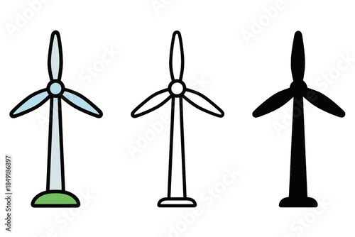 Three wind turbines in different styles: colored, outline, and silhouette