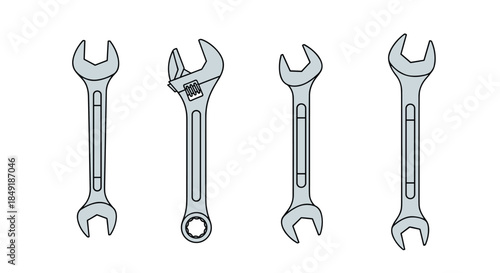 A collection of four different types of metal wrenches including an adjustable wrench and open-ended spanners on a white background.