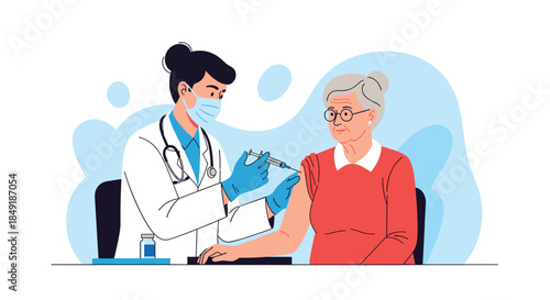 A compassionate female doctor administers a vaccine injection to an elderly woman for immunization and disease prevention concept.