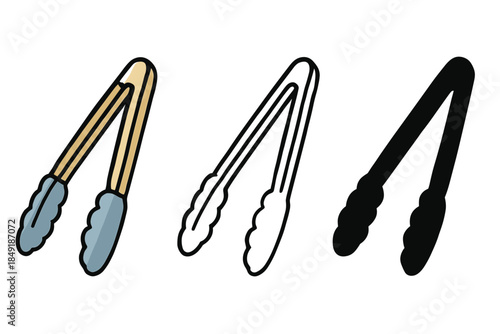 Set of three kitchen tongs in different styles: colored, outline, and silhouette