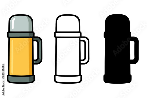 Set of three thermos flasks: colored, outline, and silhouette icons