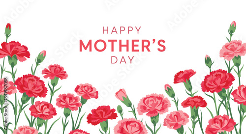 A beautiful floral greeting card design for Happy Mother's Day featuring a border of elegant red and pink carnation flowers.