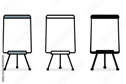Three blank flip chart easels with white paper pages on white background