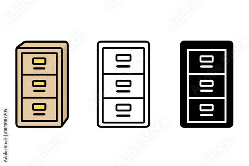 Three styles of filing cabinet icons: color, outline, and solid black