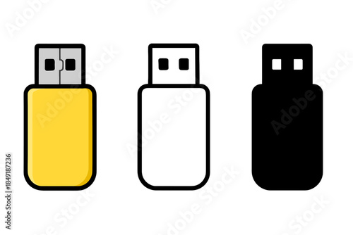Three USB flash drives in yellow, white, and black colors on a white background