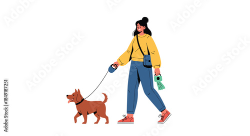 A happy young woman in casual attire is walking her small brown dog on a leash while holding poop bags for cleanup.