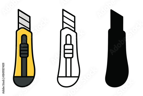 Set of utility knife icons in different styles: color, outline, and silhouette