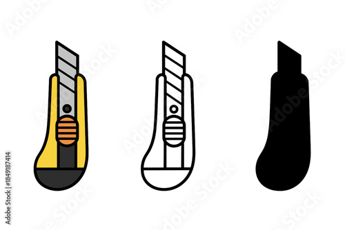 Set of three utility knife icons in different styles: color, outline, and silhouette