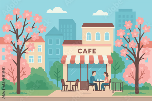 Spring Cafe Street Scene with Blossoming Trees Illustration