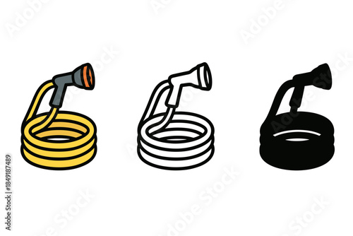 Garden hose and spray nozzle icons in three distinct styles for versatile design applications