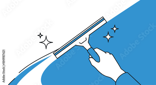 A simple line art illustration of a hand using a squeegee to wipe a window clean leaving a sparkling clear surface.