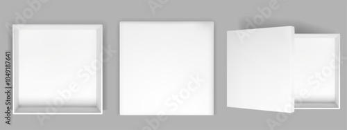 White cardboard box top view mock up. Open square package with shadow inside. Realistic 3d mystery cube gift mockup with empty interior and blank paper cover perspective. Vector secret isolated