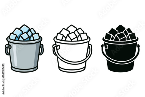 Three different styles of ice buckets filled with ice cubes, isolated on white background