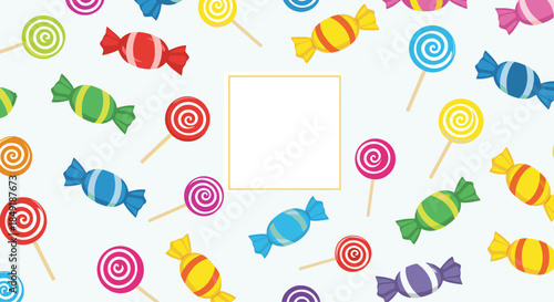 A sweet and colorful background of various candies and lollipops with a blank square frame in the center for text or photo.