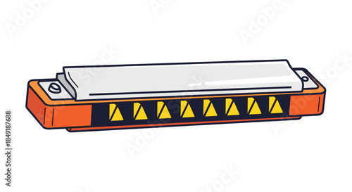 A simple and clean cartoon illustration of an orange and silver diatonic harmonica or mouth organ on a white background.