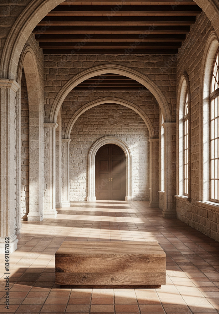 Obraz premium Sunlit Gothic Arches and Stone Walls in a Grand Hallway
