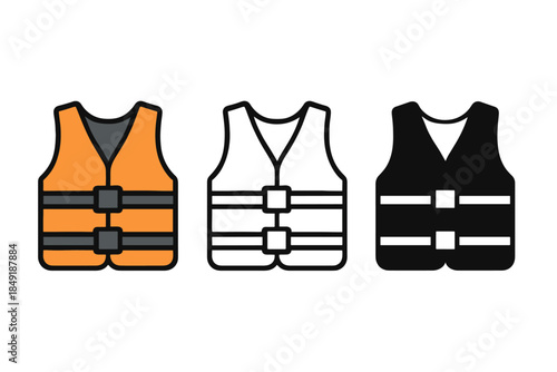 Set of three life vest icons in orange, white, and black for water safety